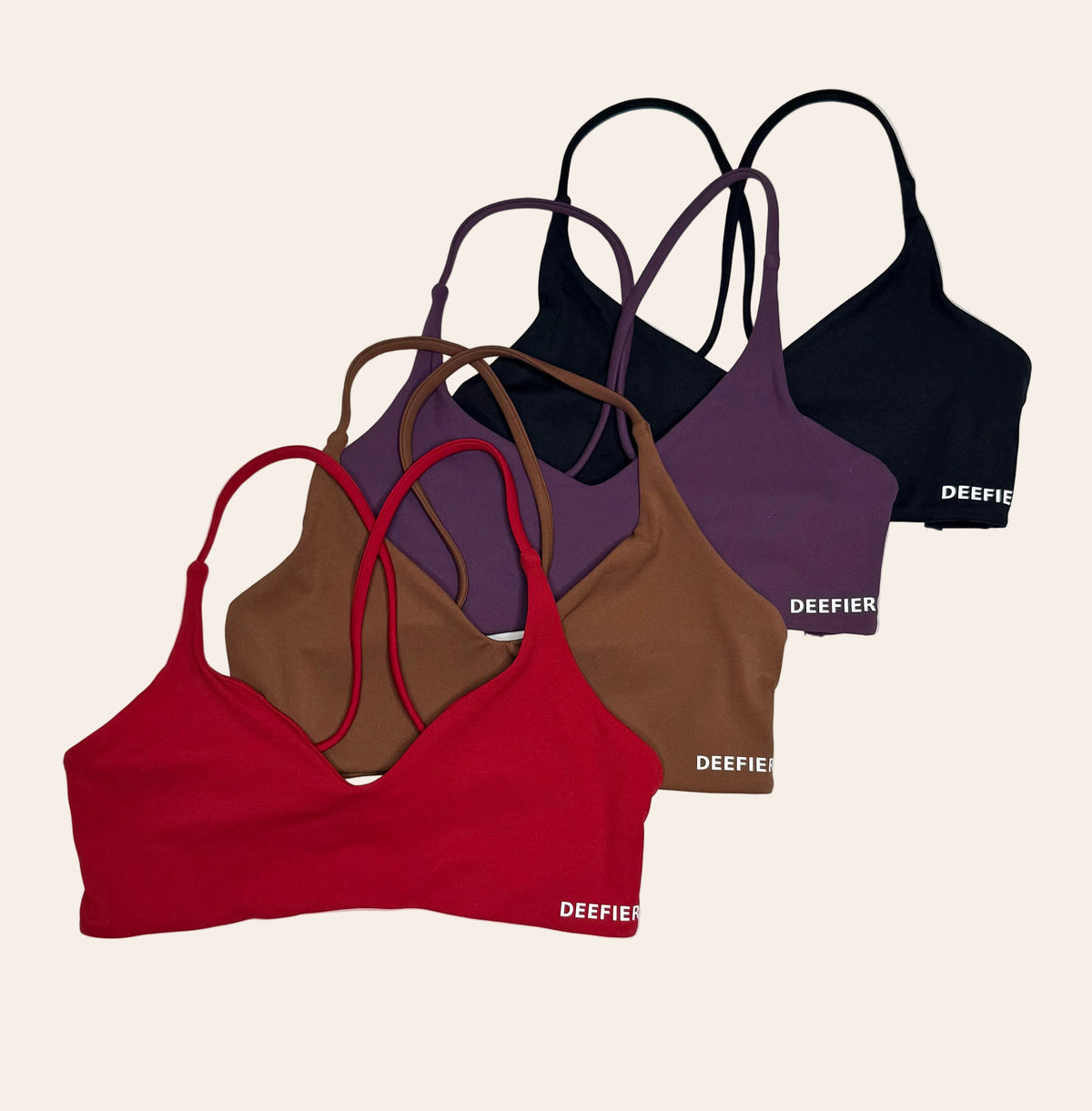 Allure Crisscross Bra in black, wine, brown and cherry red, front view
