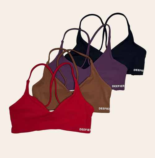 Allure Crisscross Bra in black, wine, brown and cherry red, front view